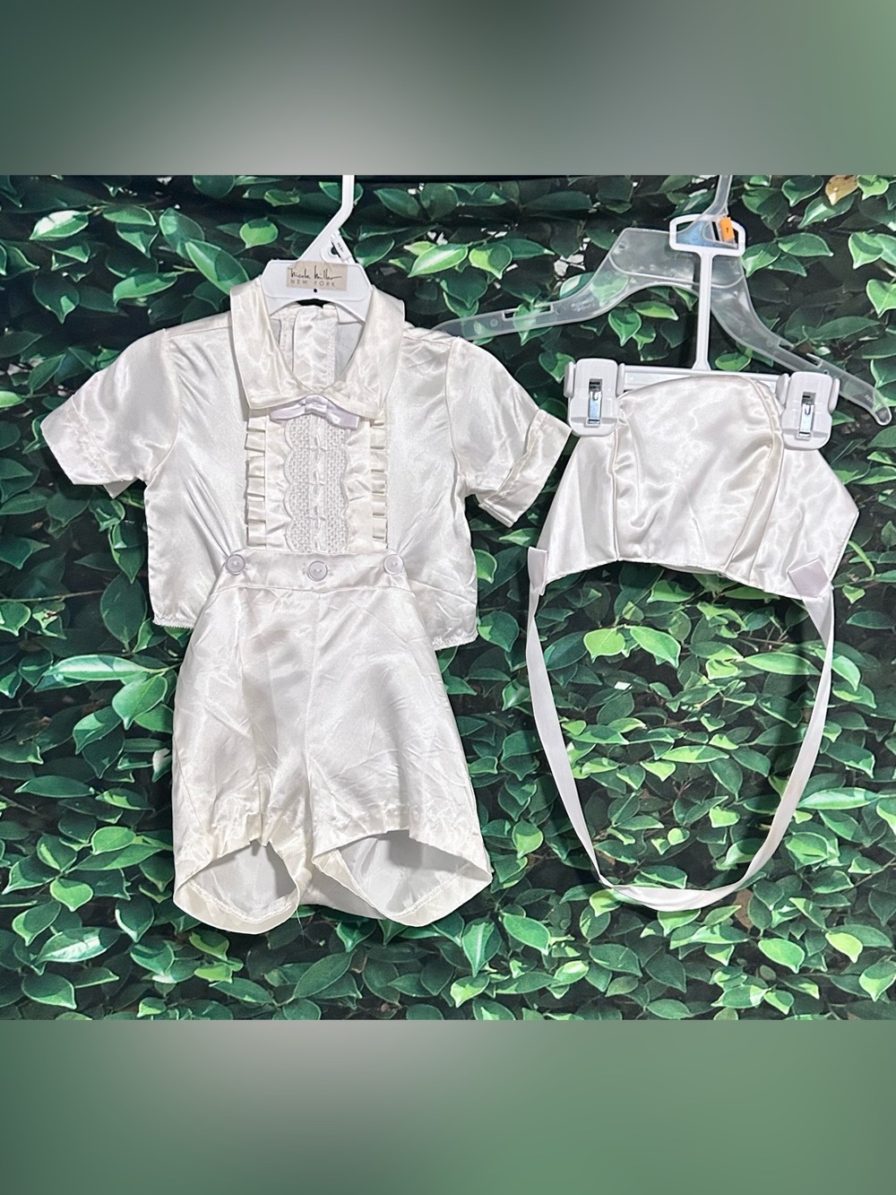 Vintage Christening Baby Boy Satin Outfit Overalls w/ Hat Ivory 12 months